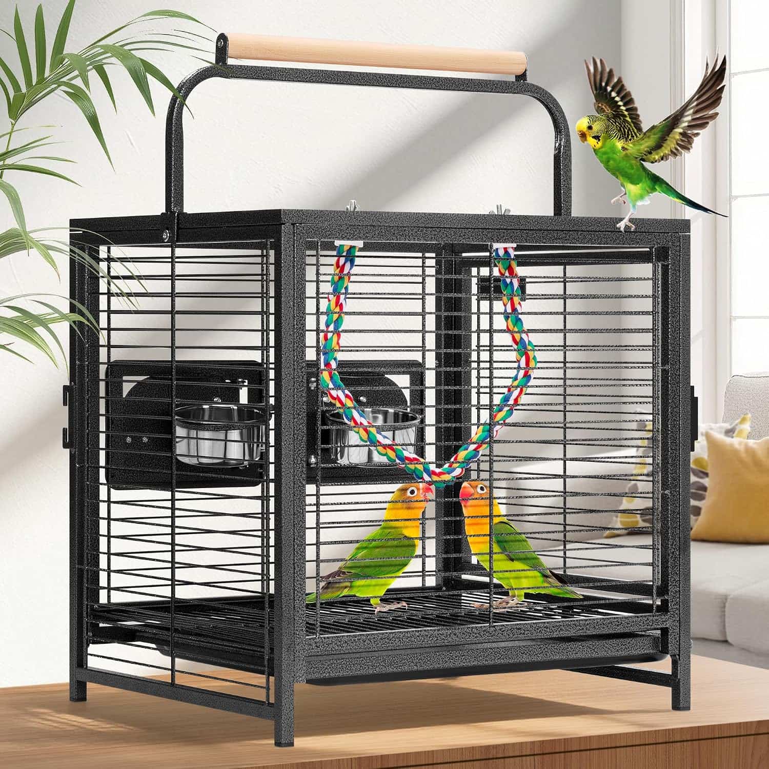 Jaula portatil de acero negro para pajaros con percha superior y cuerdas