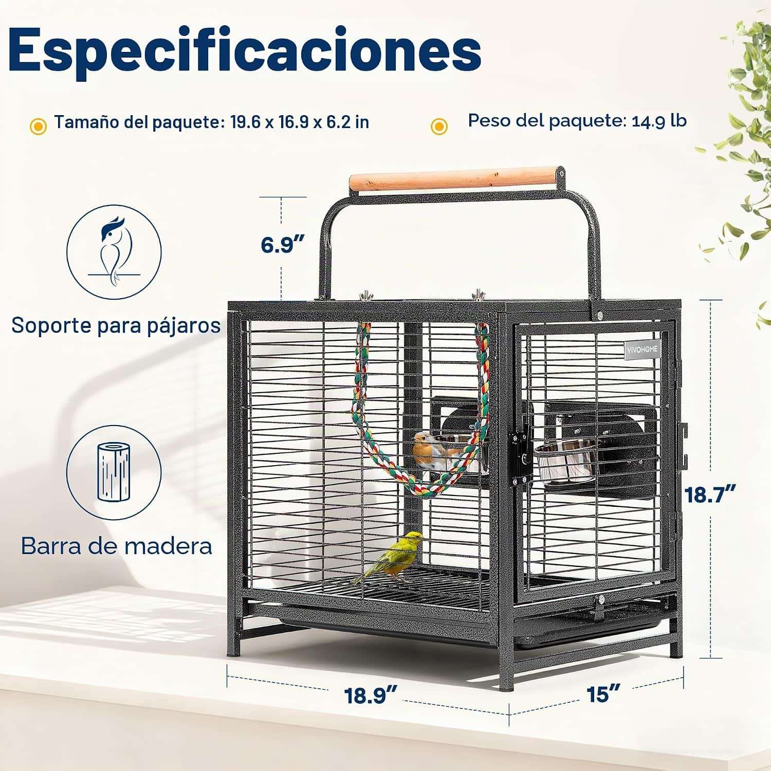 Jaula portatil de acero negro para pajaros con percha superior y cuerdas