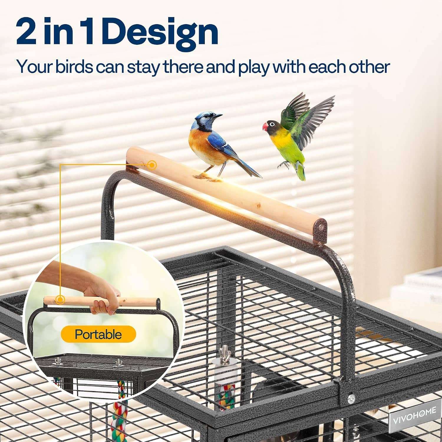 Jaula portatil de acero negro para pajaros con percha superior y cuerdas