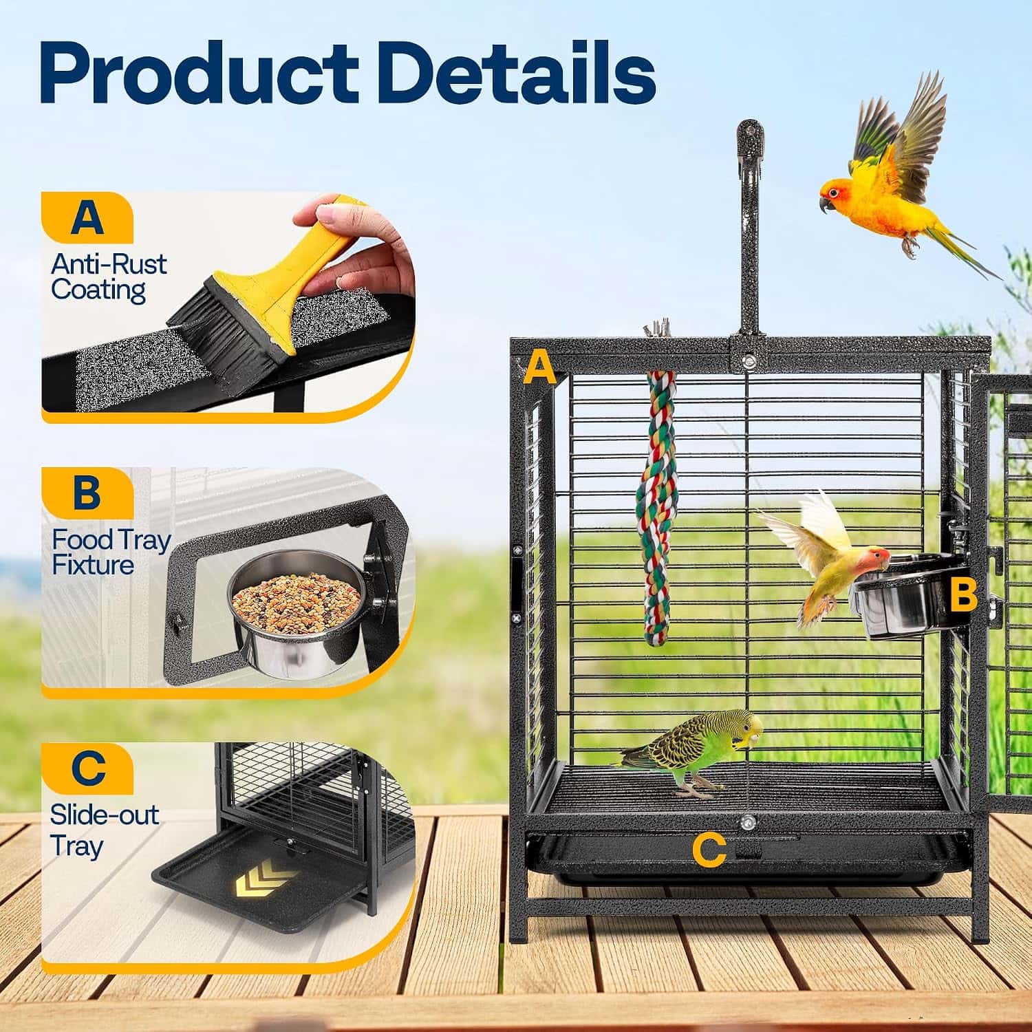 Jaula portatil de acero negro para pajaros con percha superior y cuerdas