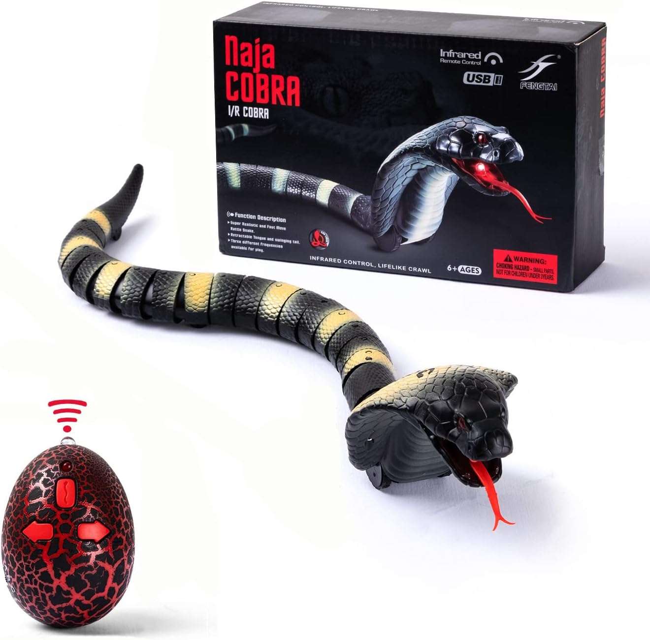 juguete de serpiente RC a control remoto con diseño realista en color negro y controlador infrarrojo