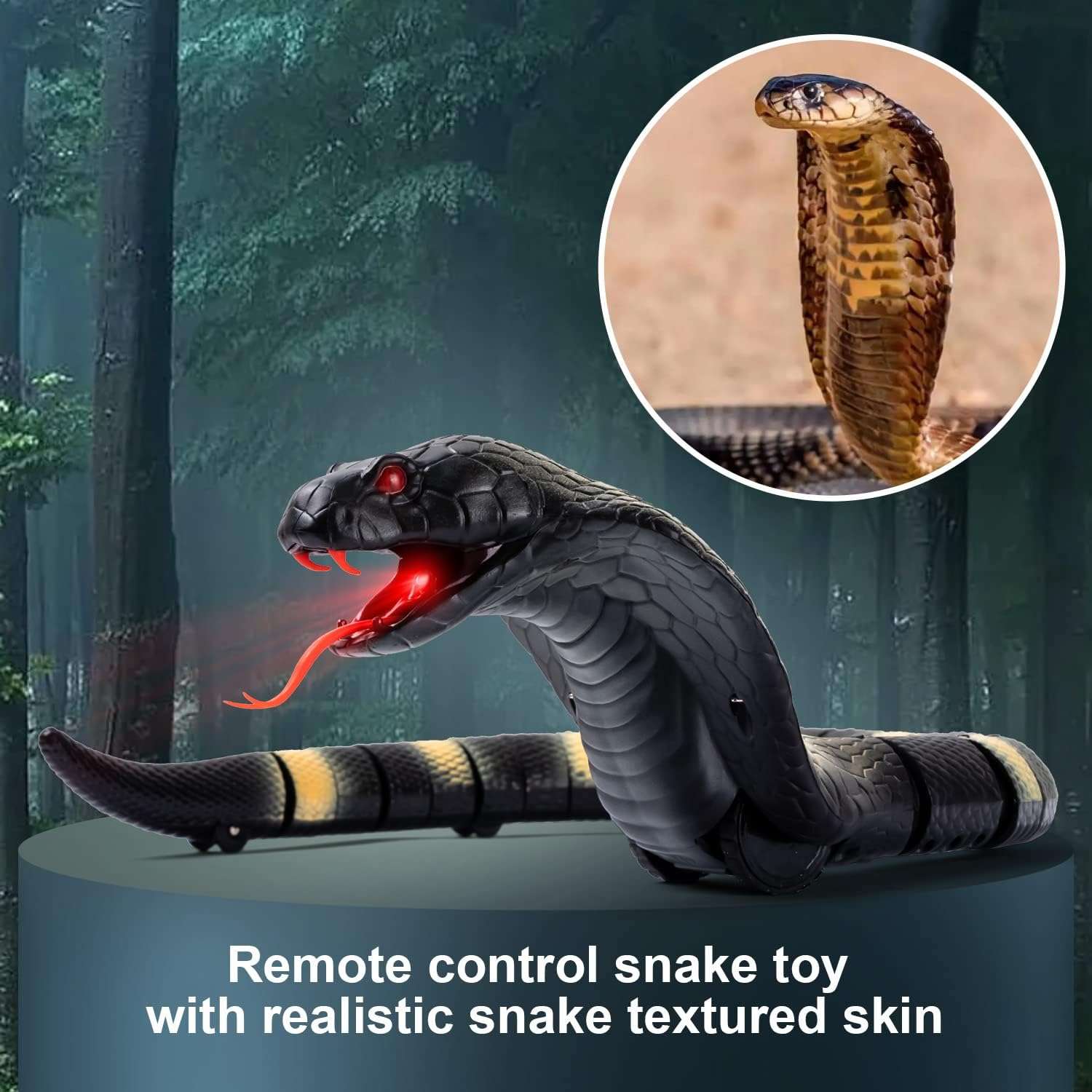juguete de serpiente RC a control remoto con diseño realista en color negro y controlador infrarrojo