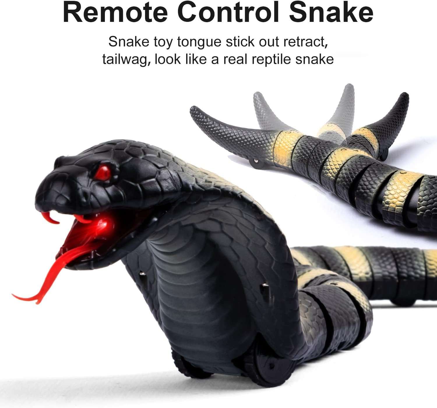 juguete de serpiente RC a control remoto con diseño realista en color negro y controlador infrarrojo