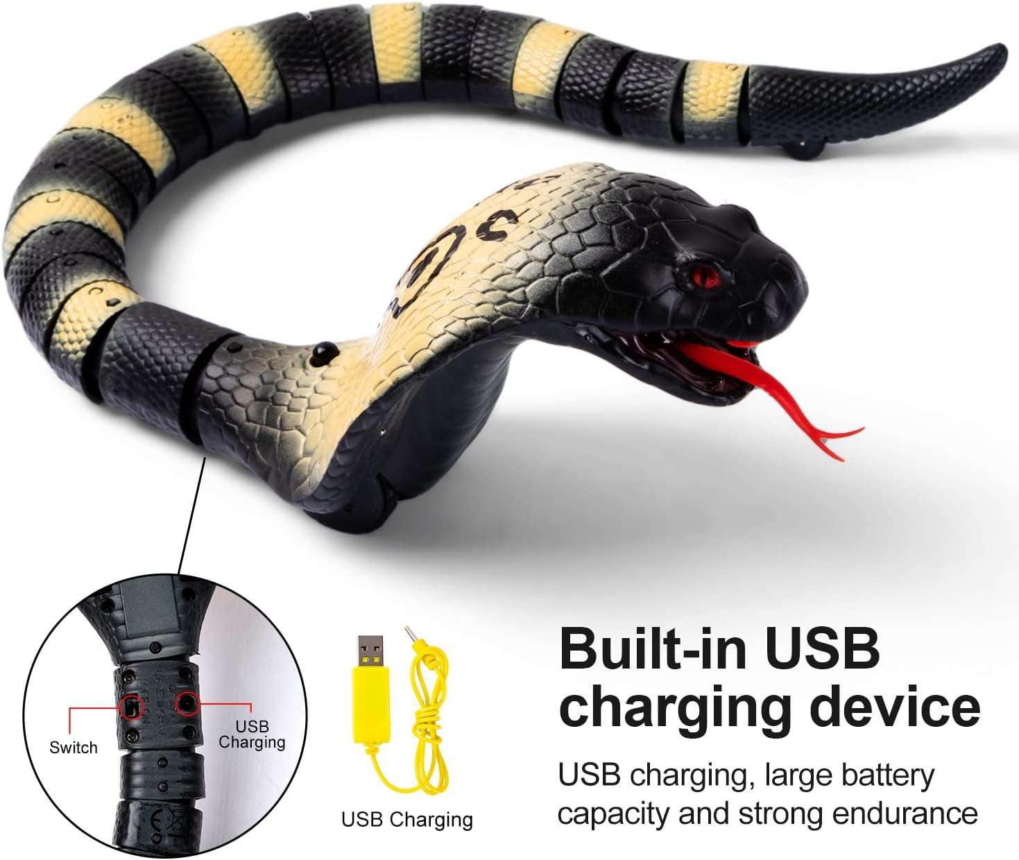 juguete de serpiente RC a control remoto con diseño realista en color negro y controlador infrarrojo