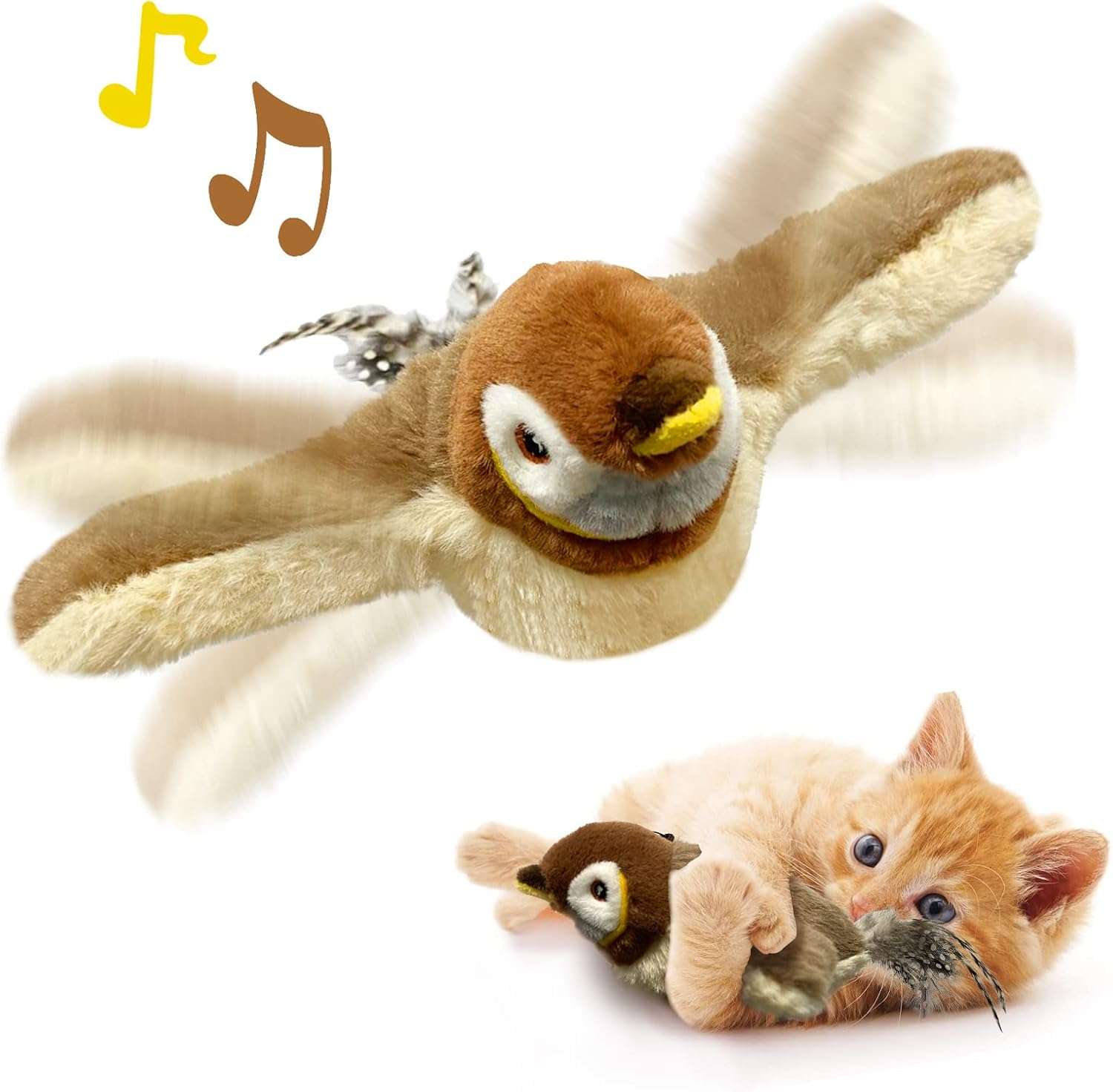 juguete interactivo de pájaro con alas aleteantes y hierba gatera para gatos en diseño de gorrión realista