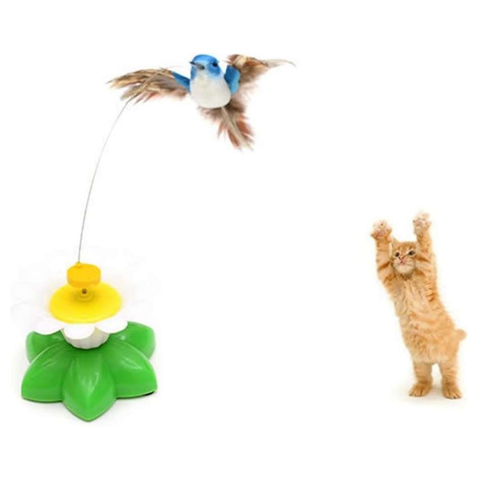 Juguete automático interactivo para gatos con mariposa giratoria y base antideslizante de goma.