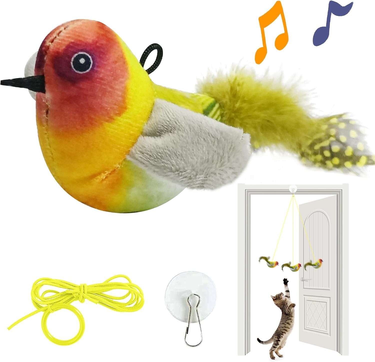 juguete colgante retráctil para gatos con diseño de pájaro, canto realista y cuerda elástica ajustable LEWISER