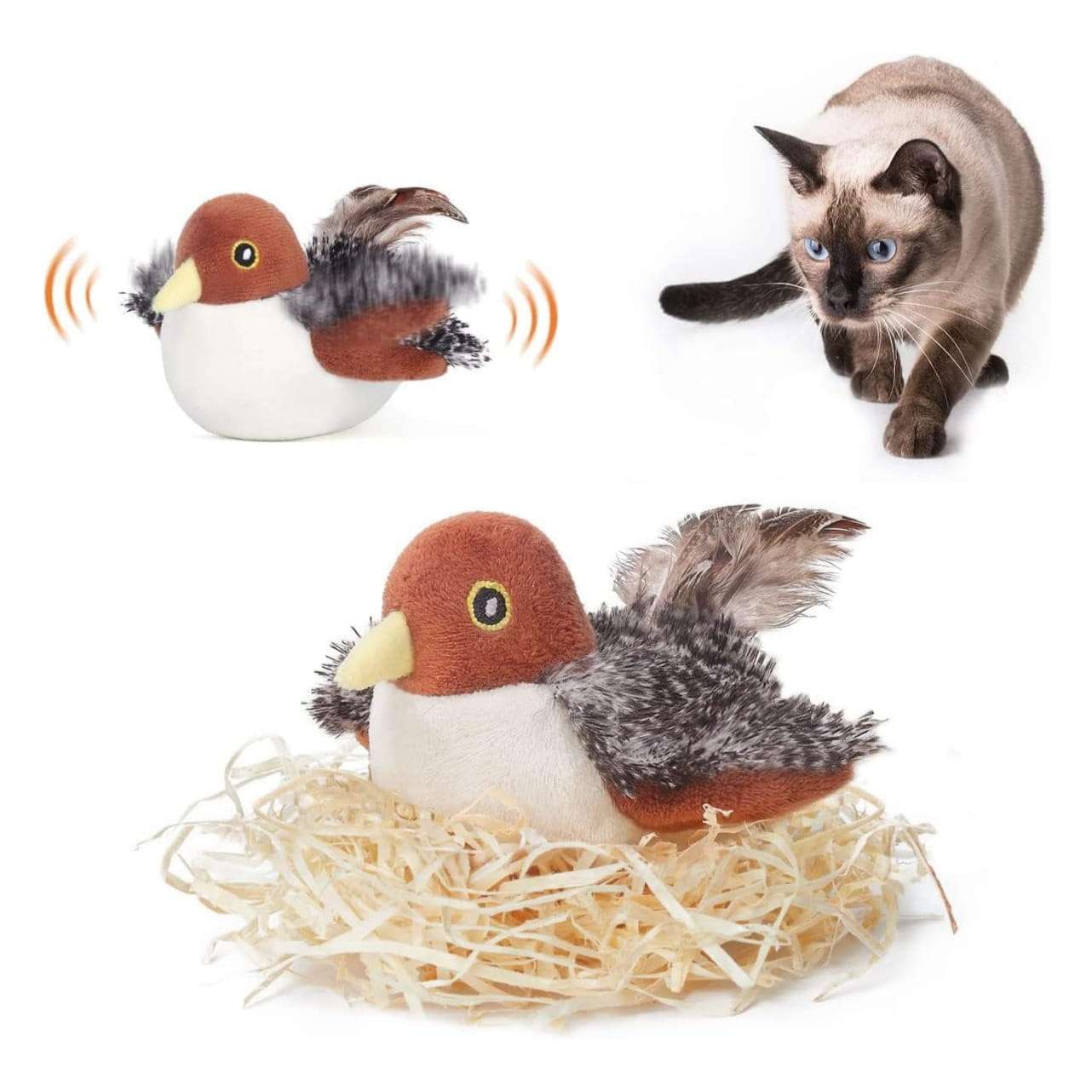 Juguete interactivo para gatos en forma de pajaro con aleteo realista sensor de movimiento y carga USB.