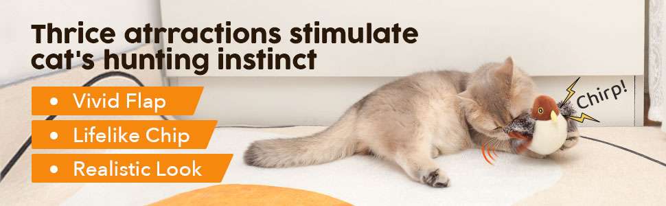 Juguete interactivo para gatos en forma de pajaro con aleteo realista sensor de movimiento y carga USB.