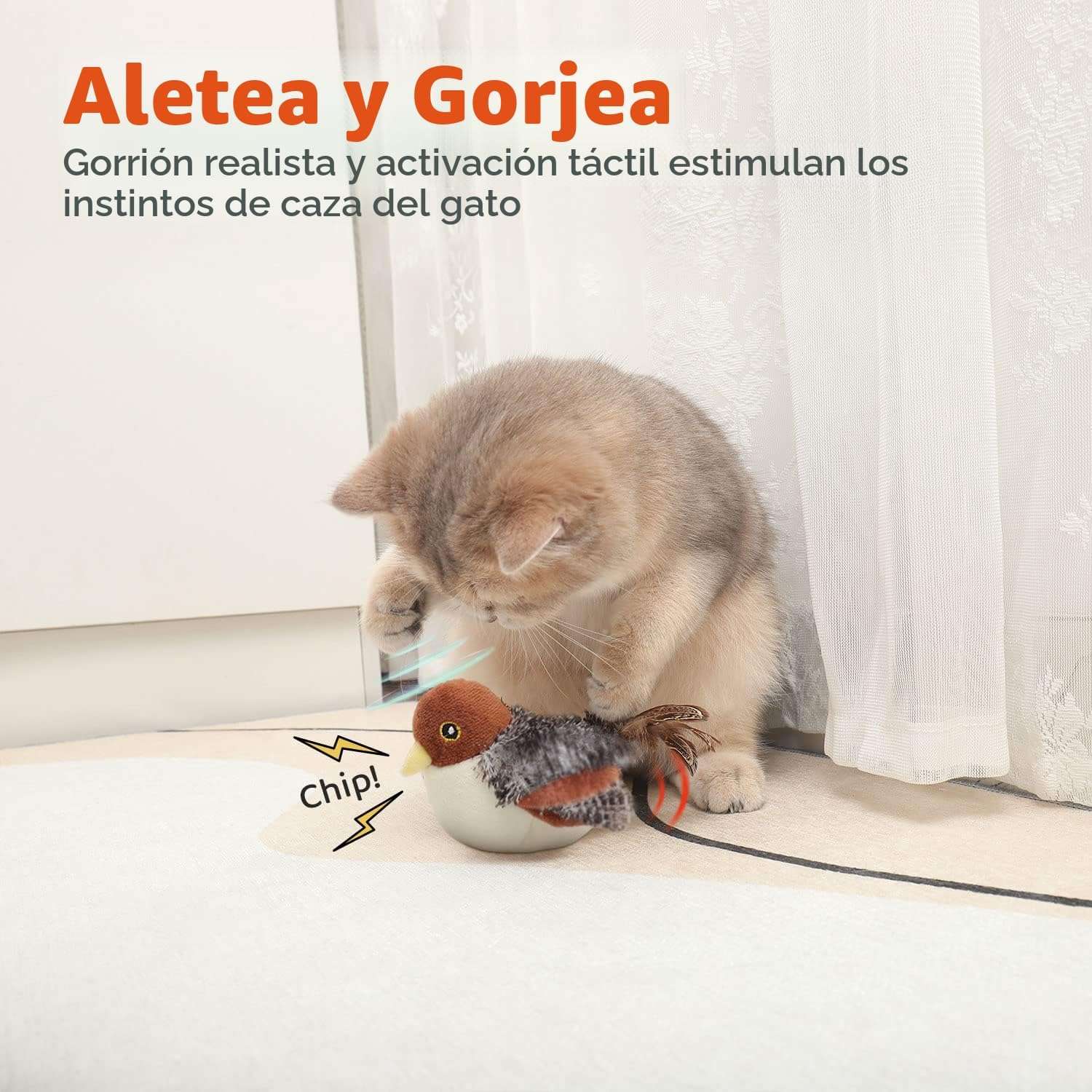 Juguete interactivo para gatos en forma de pajaro con aleteo realista sensor de movimiento y carga USB.