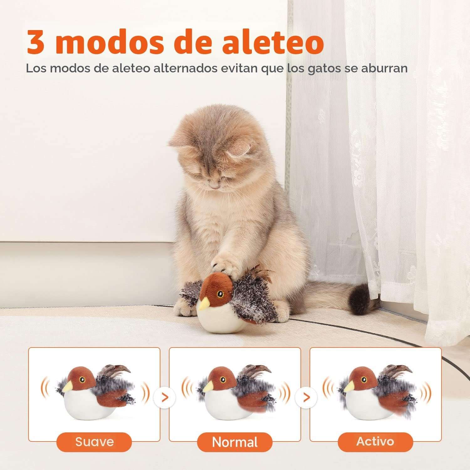 Juguete interactivo para gatos en forma de pajaro con aleteo realista sensor de movimiento y carga USB.