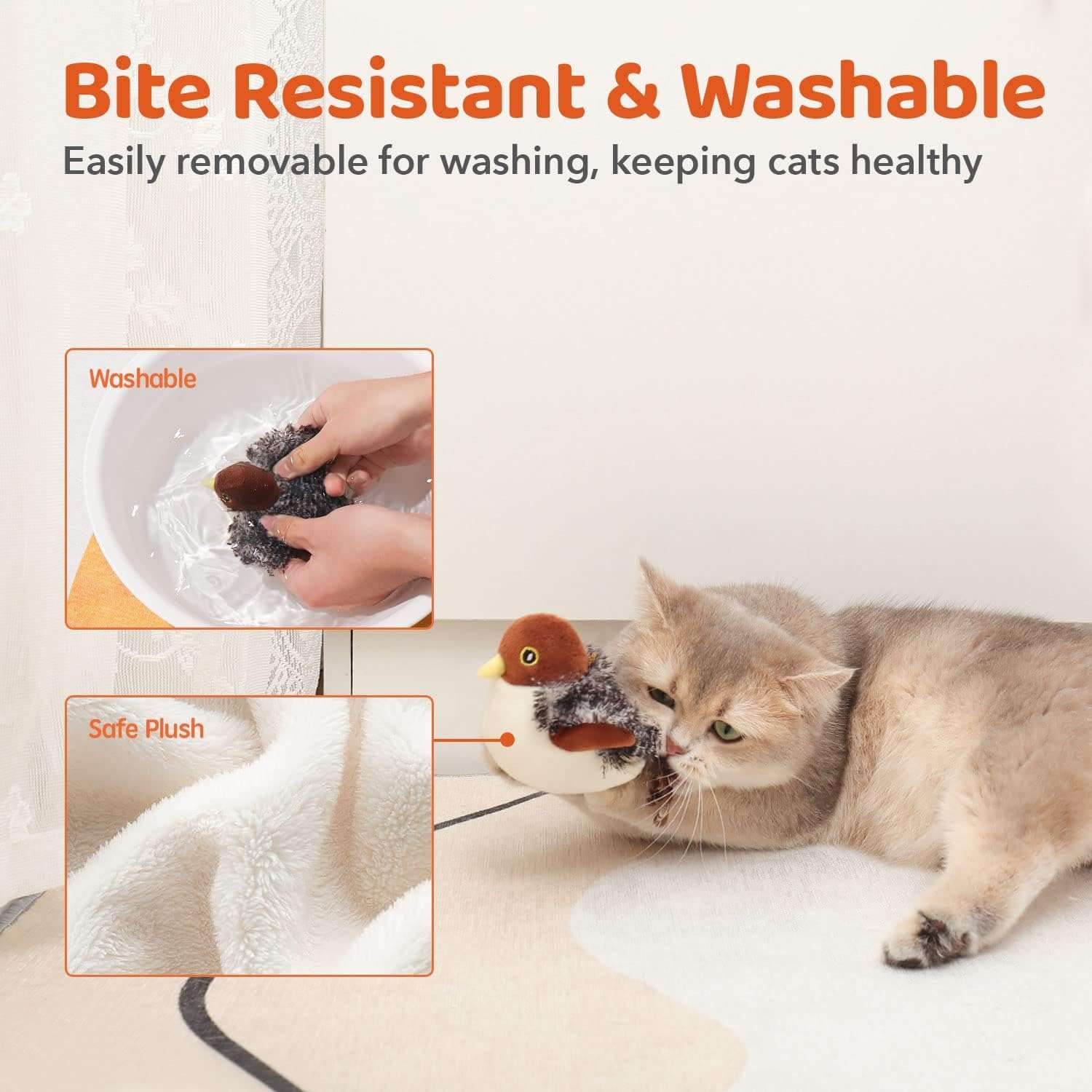 Juguete interactivo para gatos en forma de pajaro con aleteo realista sensor de movimiento y carga USB.