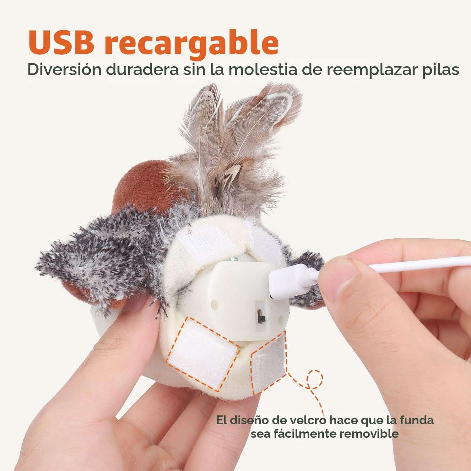 Juguete interactivo para gatos en forma de pajaro con aleteo realista sensor de movimiento y carga USB.