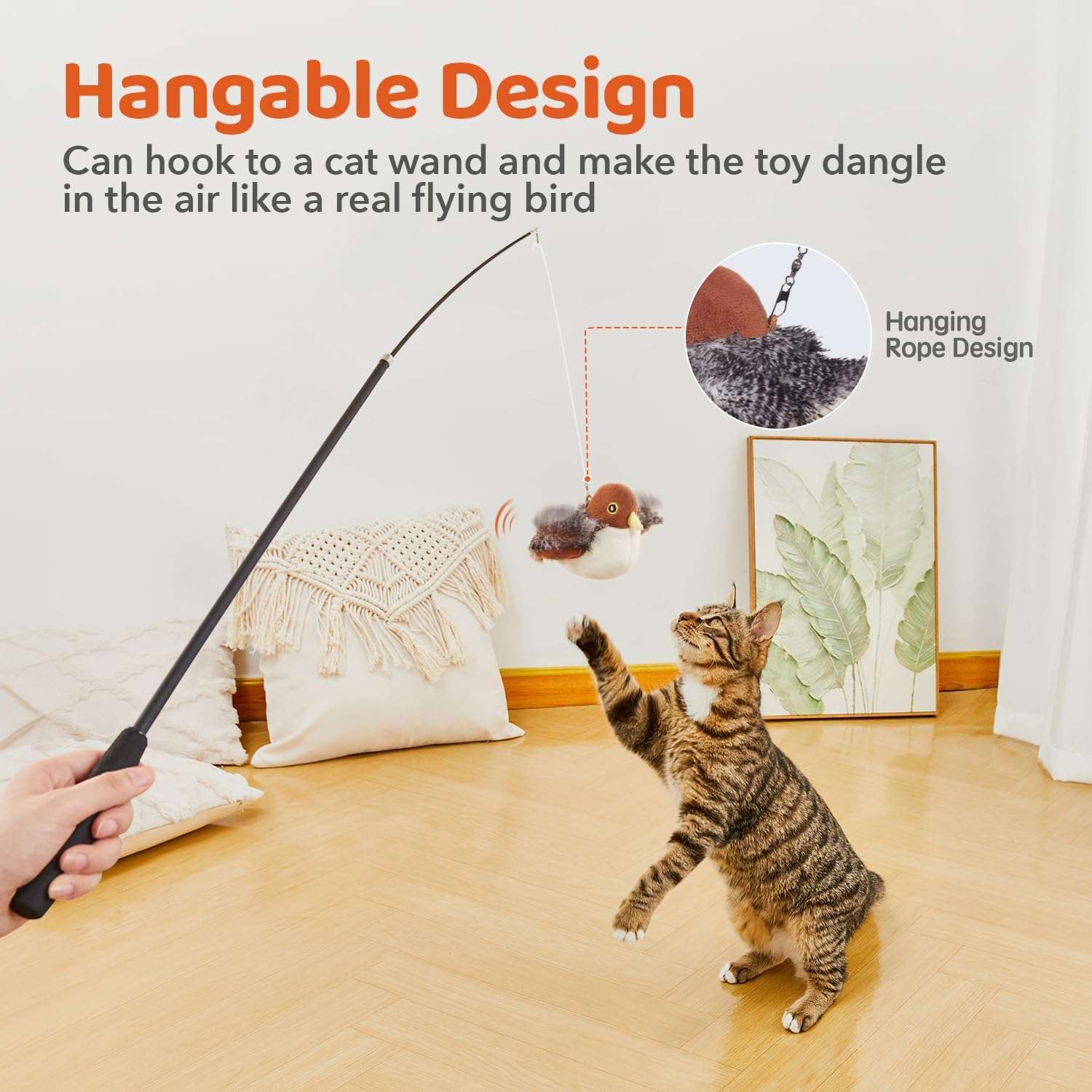 Juguete interactivo para gatos en forma de pajaro con aleteo realista sensor de movimiento y carga USB.