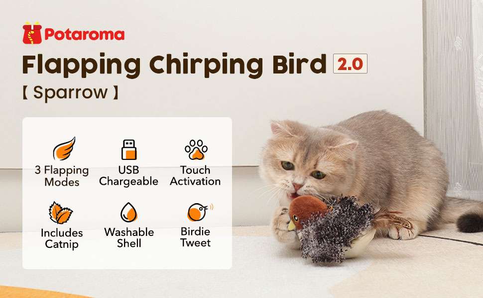 Juguete interactivo para gatos en forma de pajaro con aleteo realista sensor de movimiento y carga USB.