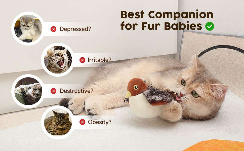Juguete interactivo para gatos en forma de pajaro con aleteo realista sensor de movimiento y carga USB.