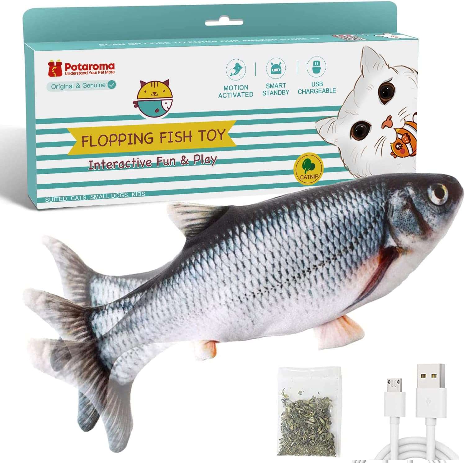 juguete interactivo de pez con movimiento flexible, sensor táctil y hierba gatera para gatos Potaroma