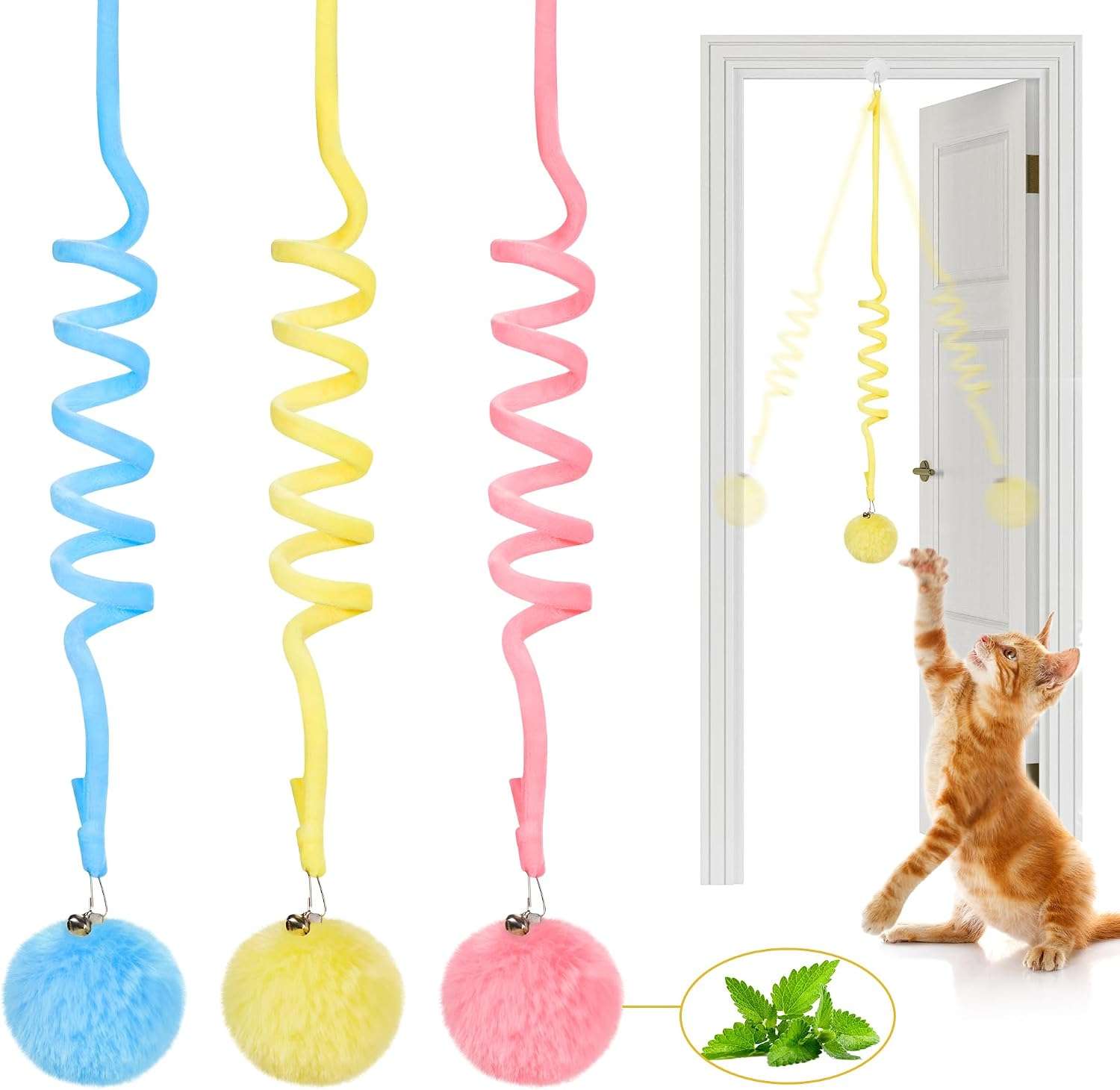 set de 3 juguetes colgantes de bola de peluche con campanilla y hierba gatera para gatos Potaroma