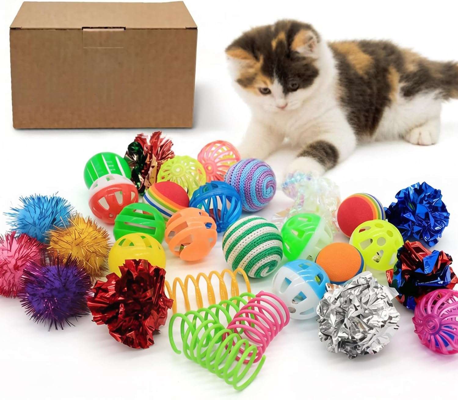 set surtido de 30 pelotas de juguete con cascabel, sisal y efectos brillantes para gatos LASOCUHOO