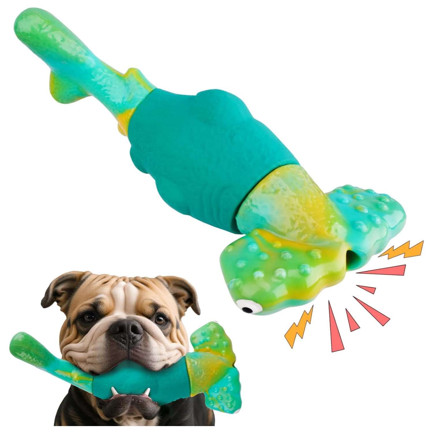 Juguete masticable en forma de tiburon martillo con sonido y sabor a tocino para perros.