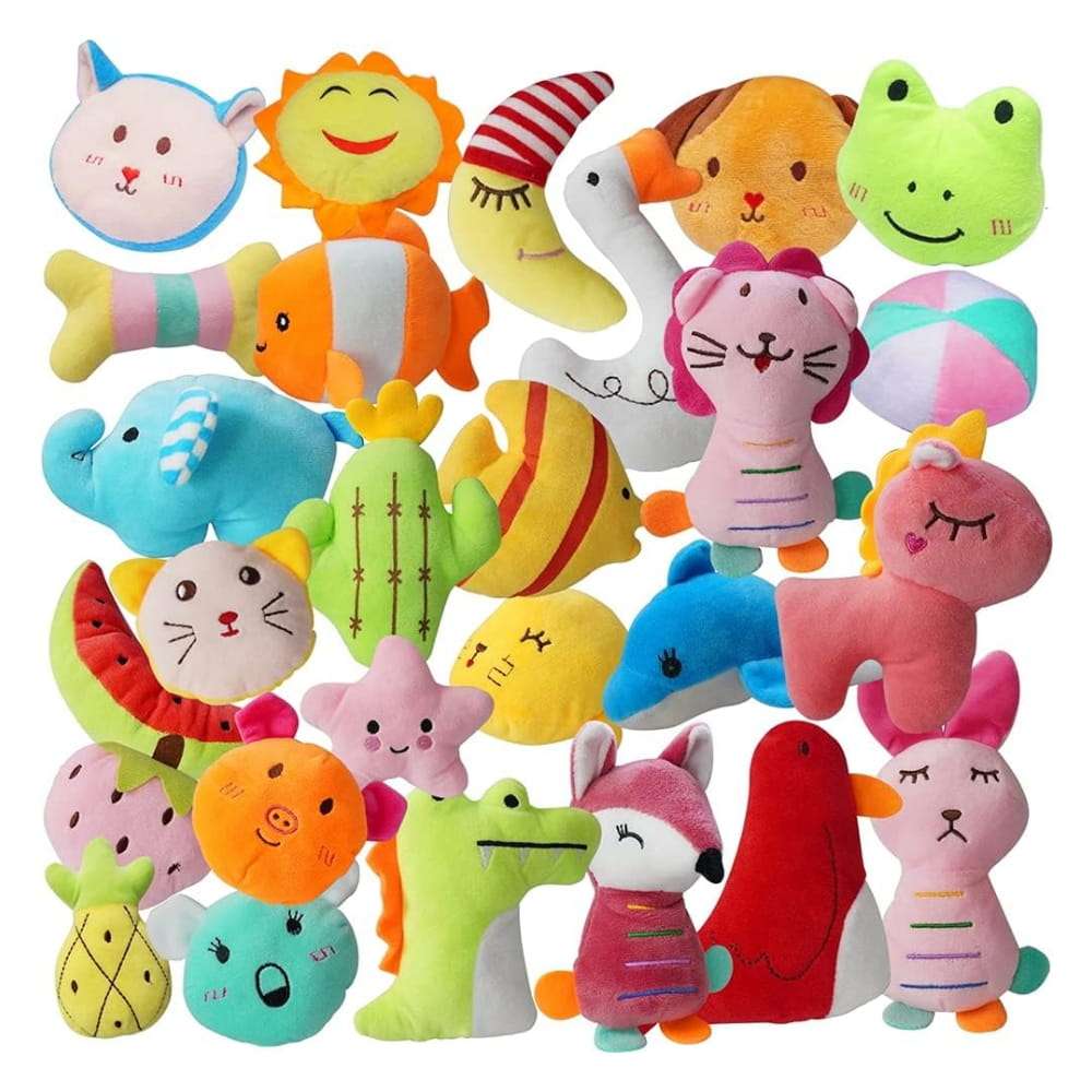 Set de 27 juguetes de peluche lavables con sonido para cachorros y perros pequenos.