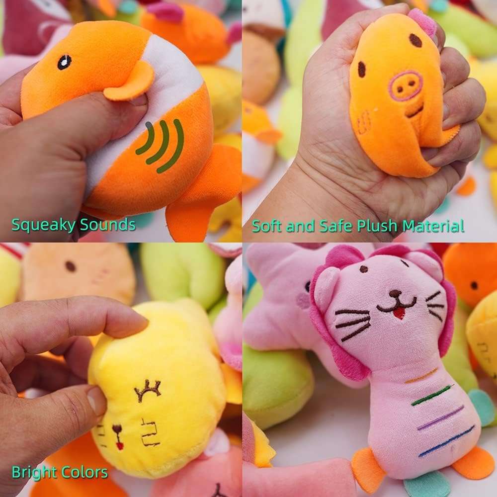 Set de 27 juguetes de peluche lavables con sonido para cachorros y perros pequenos.