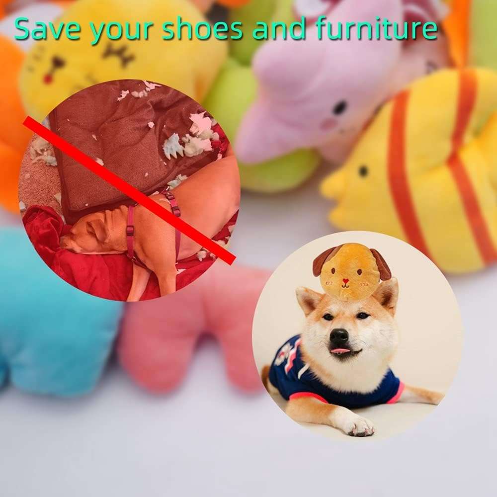 Set de 27 juguetes de peluche lavables con sonido para cachorros y perros pequenos.