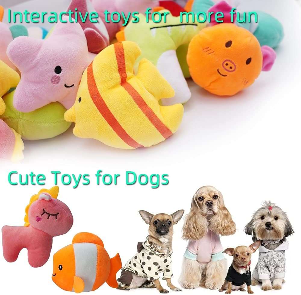 Set de 27 juguetes de peluche lavables con sonido para cachorros y perros pequenos.