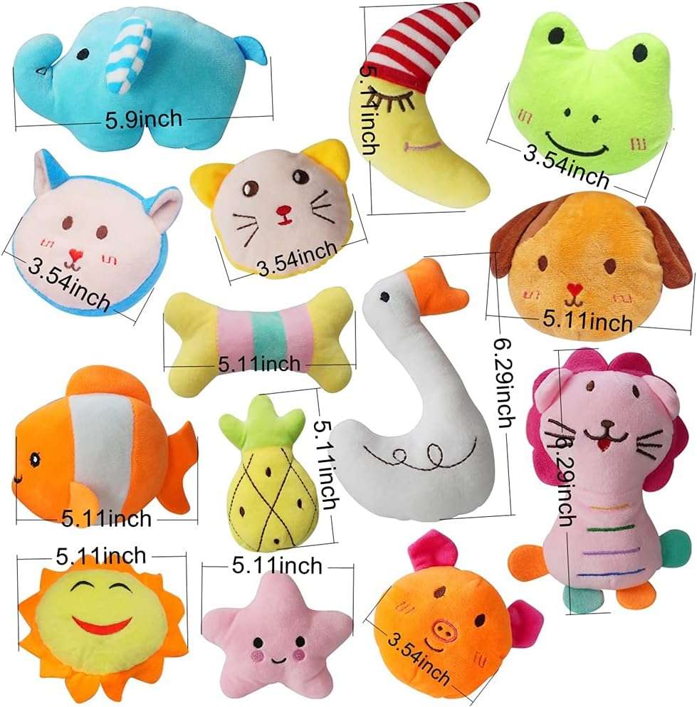 Set de 27 juguetes de peluche lavables con sonido para cachorros y perros pequenos.