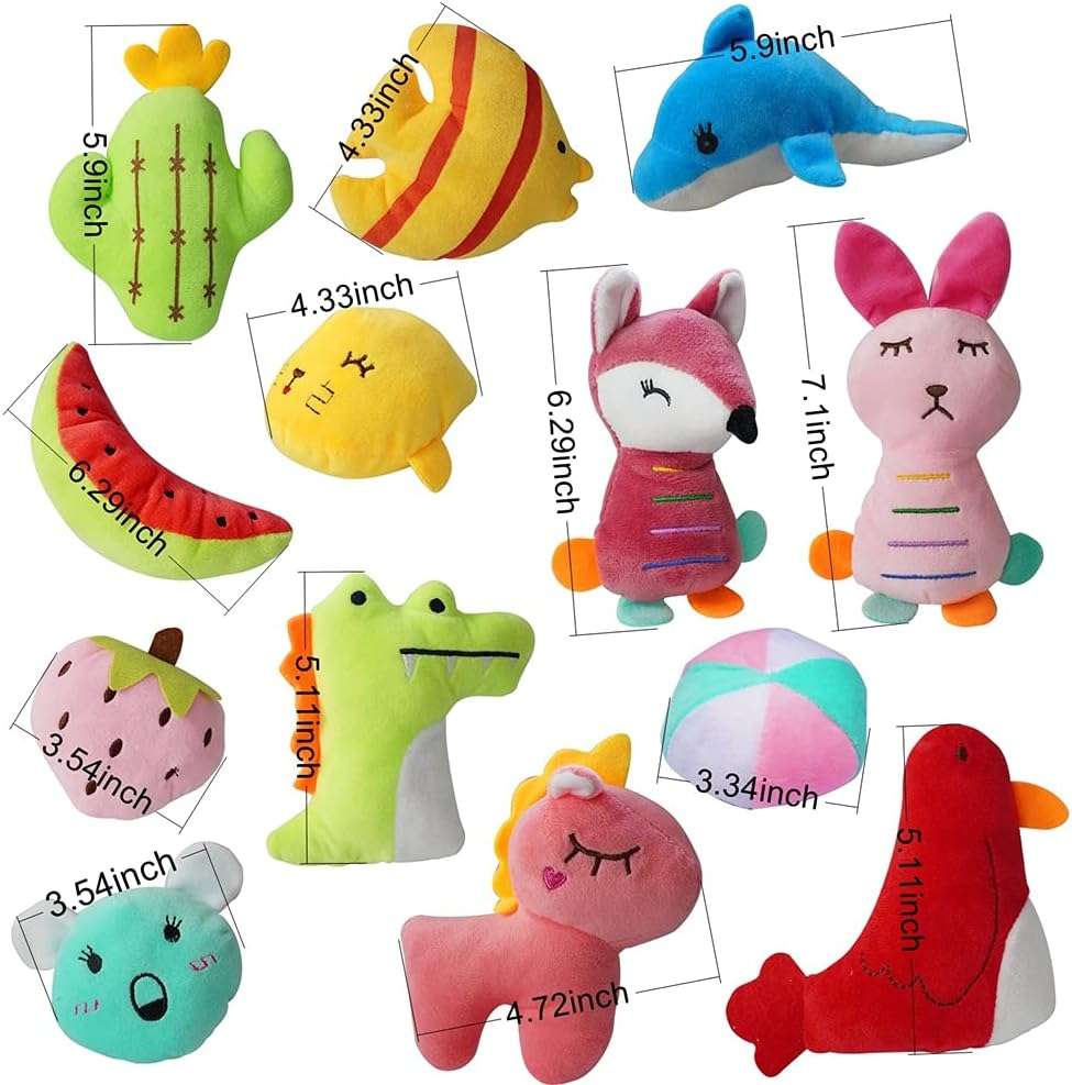 Set de 27 juguetes de peluche lavables con sonido para cachorros y perros pequenos.