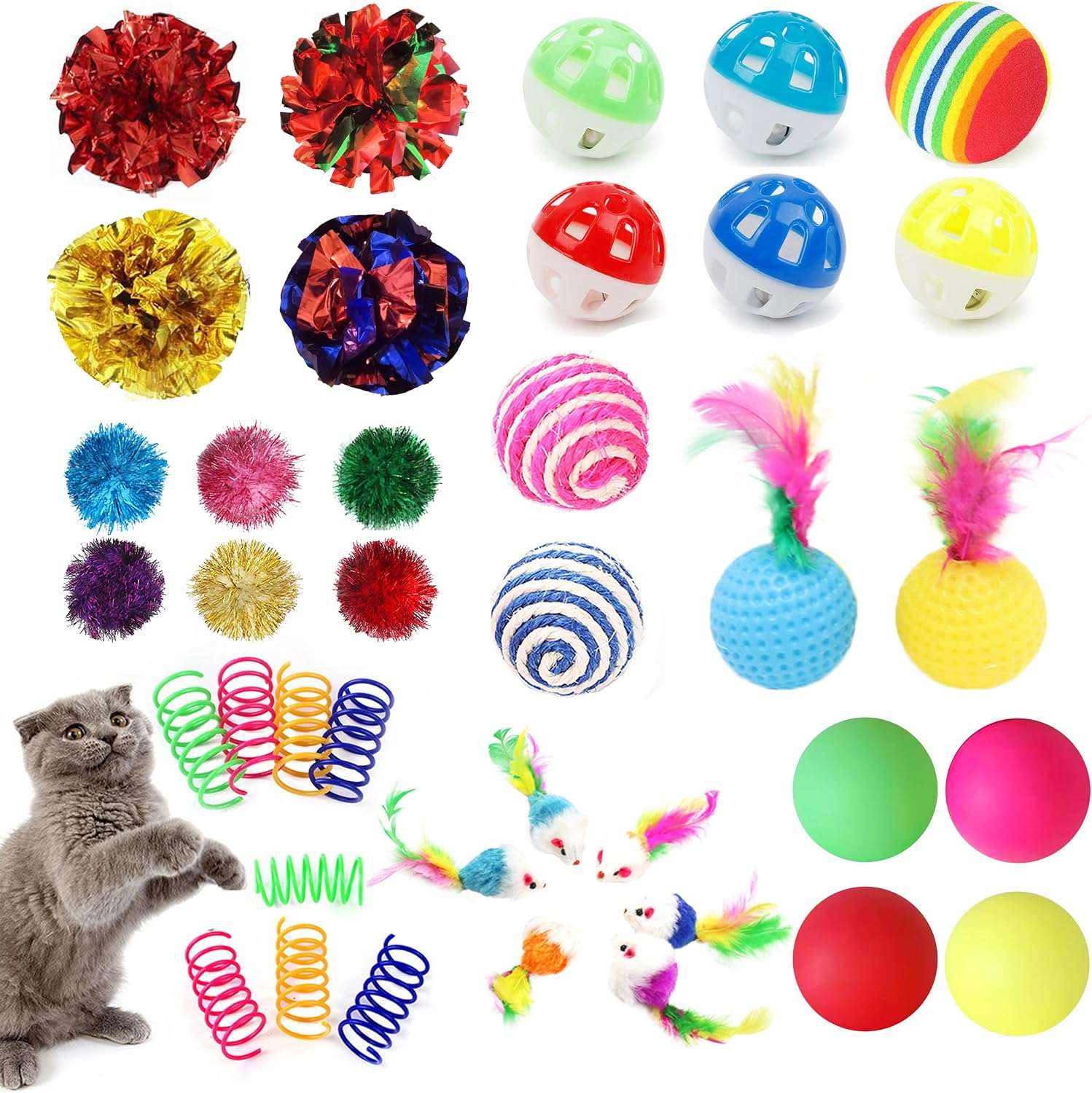 set surtido de 38 juguetes variados con ratón de felpa, pelotas arrugadas y pompones brillantes para gatos