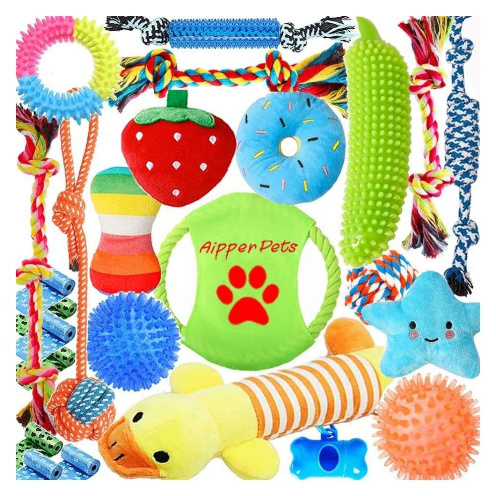 Pack de 25 juguetes variados para cachorros que incluye peluches chirriantes, cuerdas y accesorios de aseo.