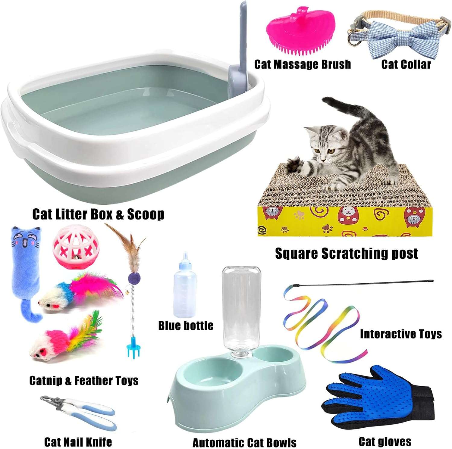 kit de inicio de 15 piezas para gatos con caja de arena, comederos automáticos, juguetes y accesorios de aseo
