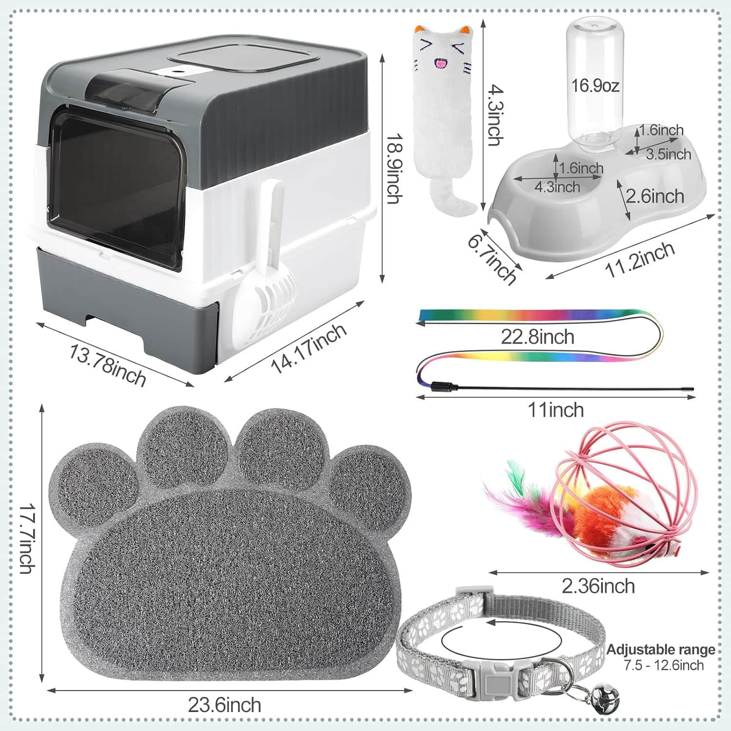 Kit de iniciación para gatitos con caja de arena, alfombrilla, comederos y juguetes.