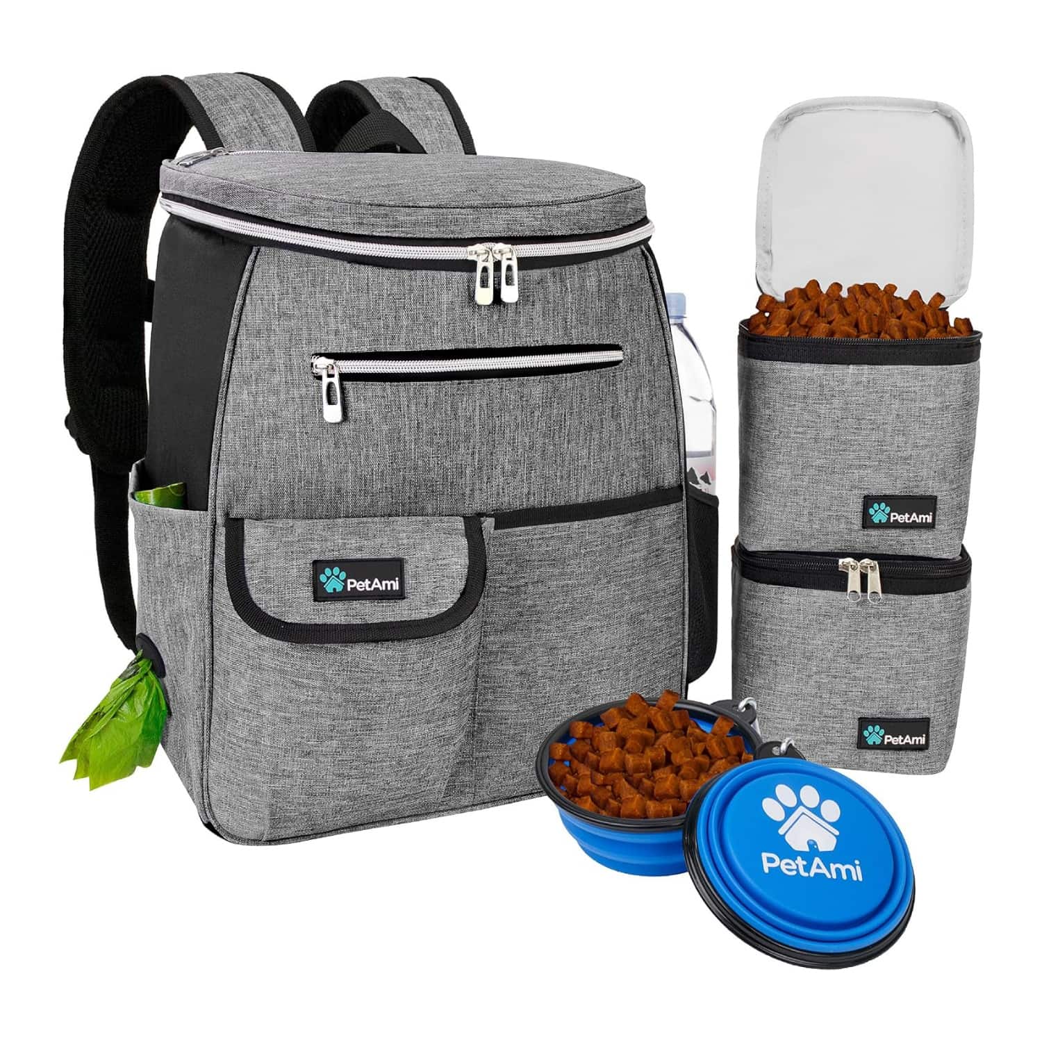 Mochila de viaje con compartimentos, contenedores de alimento y cuencos plegables para mascotas.