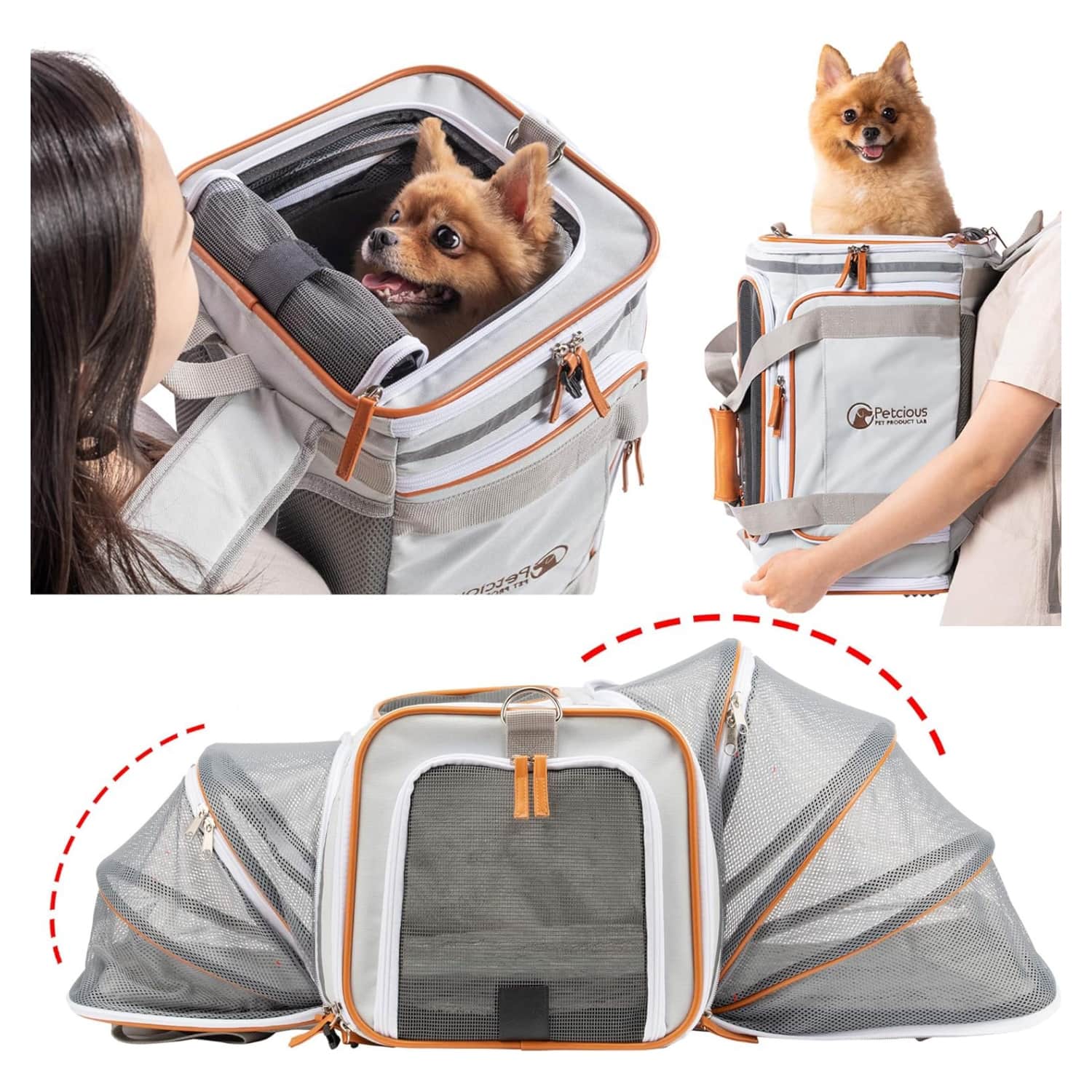 Mochila transportadora expandible con diseño ergonómico y espacio superior para mascotas pequeñas.