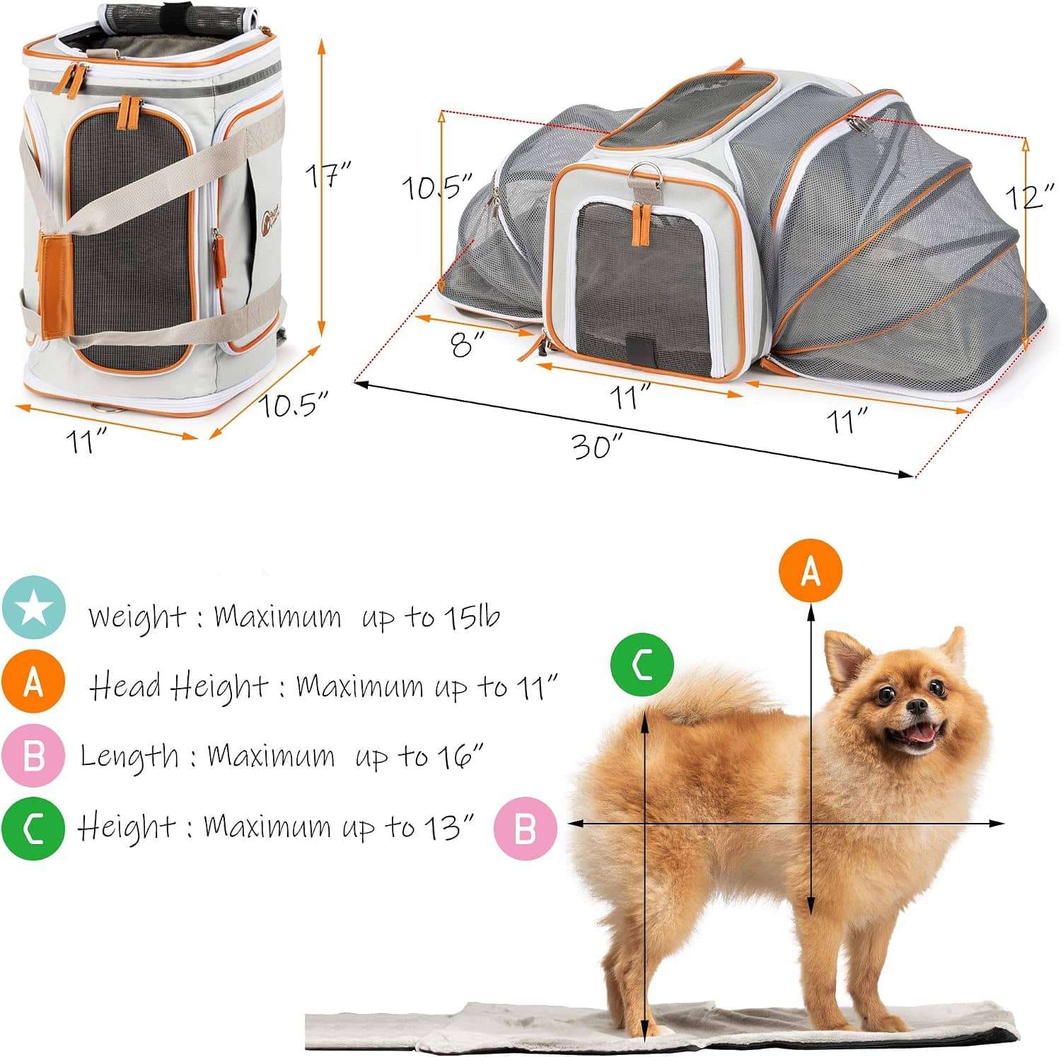 Mochila transportadora expandible con diseño ergonómico y espacio superior para mascotas pequeñas.