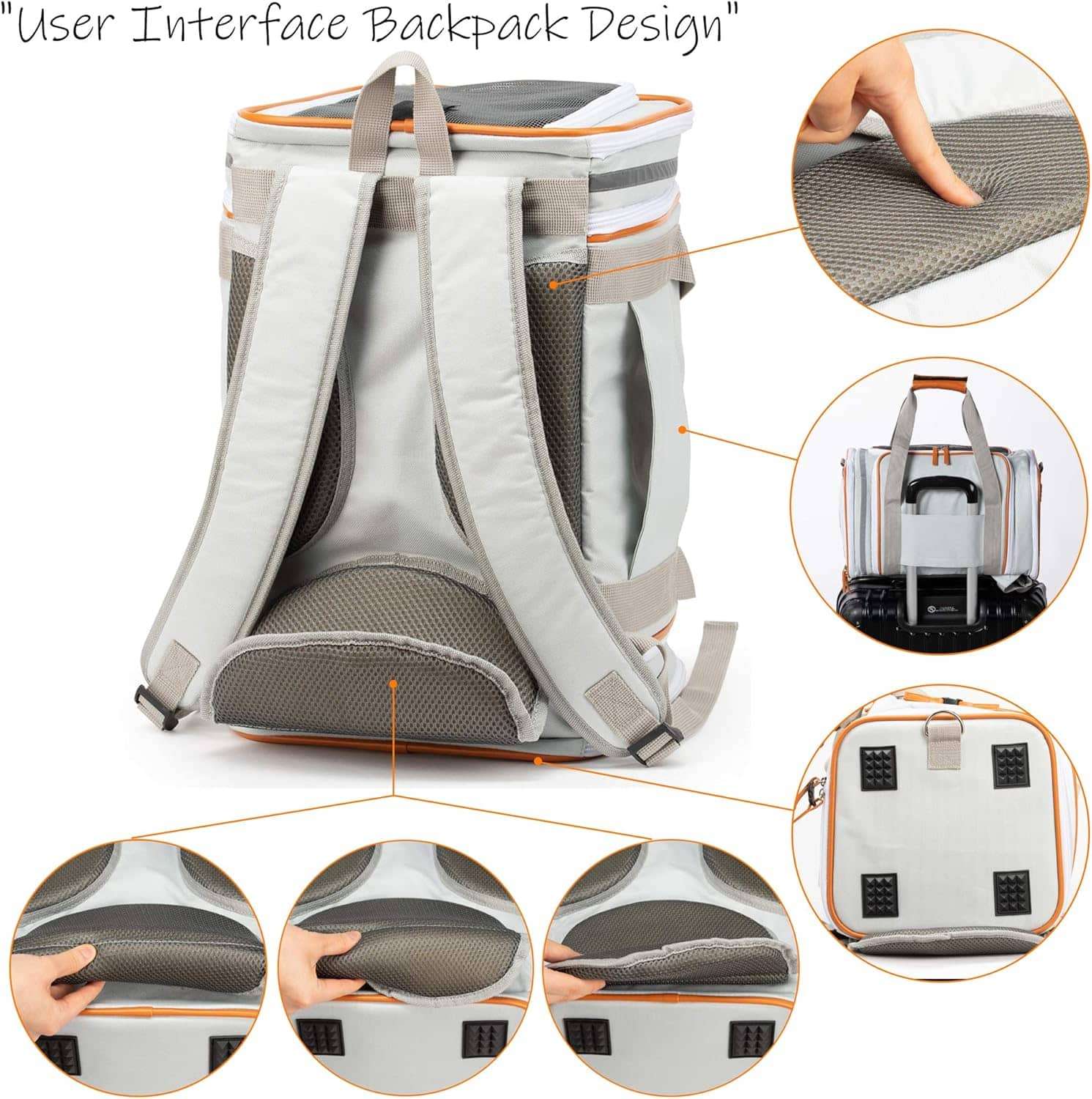 Mochila transportadora expandible con diseño ergonómico y espacio superior para mascotas pequeñas.