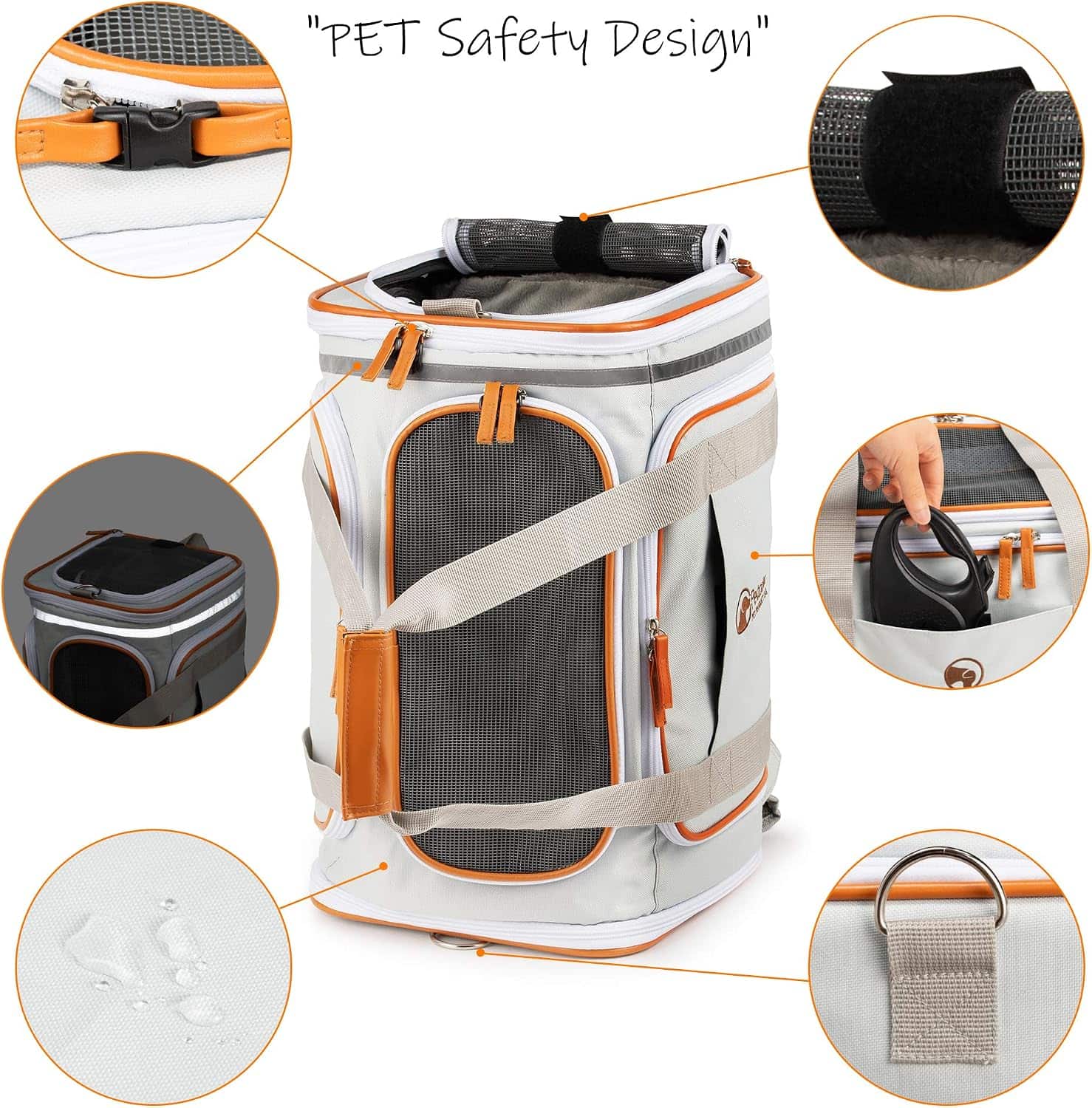 Mochila transportadora expandible con diseño ergonómico y espacio superior para mascotas pequeñas.
