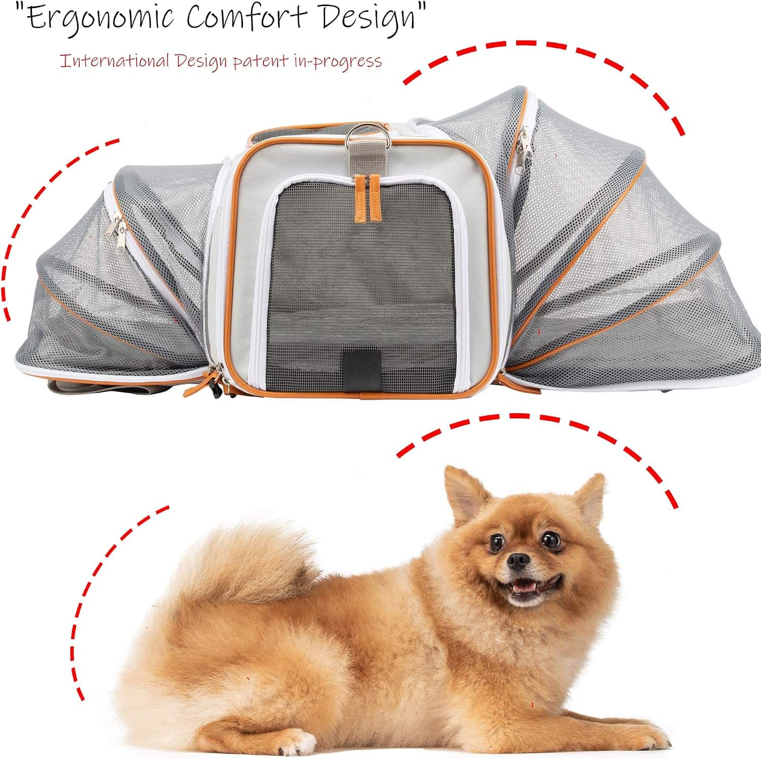 Mochila transportadora expandible con diseño ergonómico y espacio superior para mascotas pequeñas.