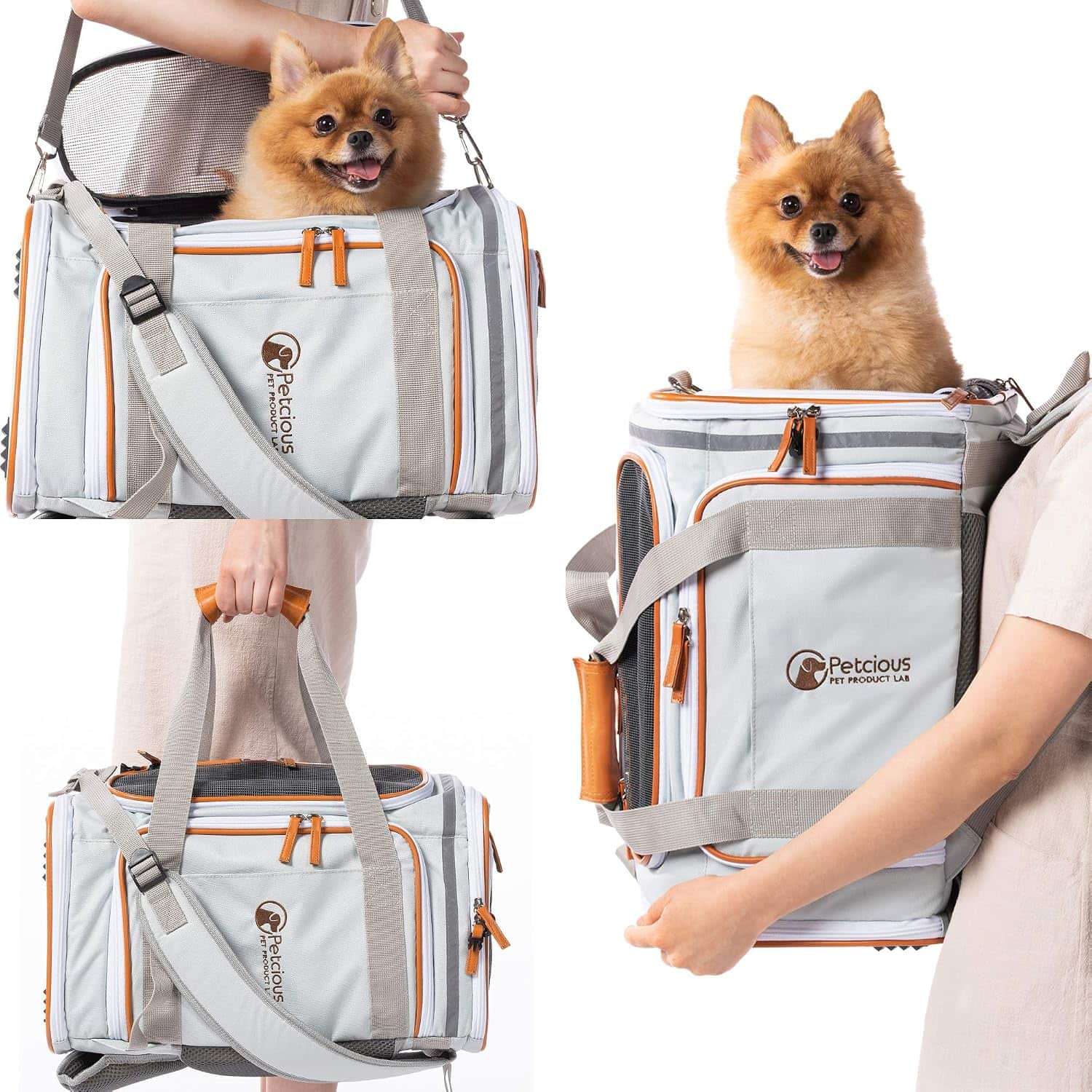 Mochila transportadora expandible con diseño ergonómico y espacio superior para mascotas pequeñas.