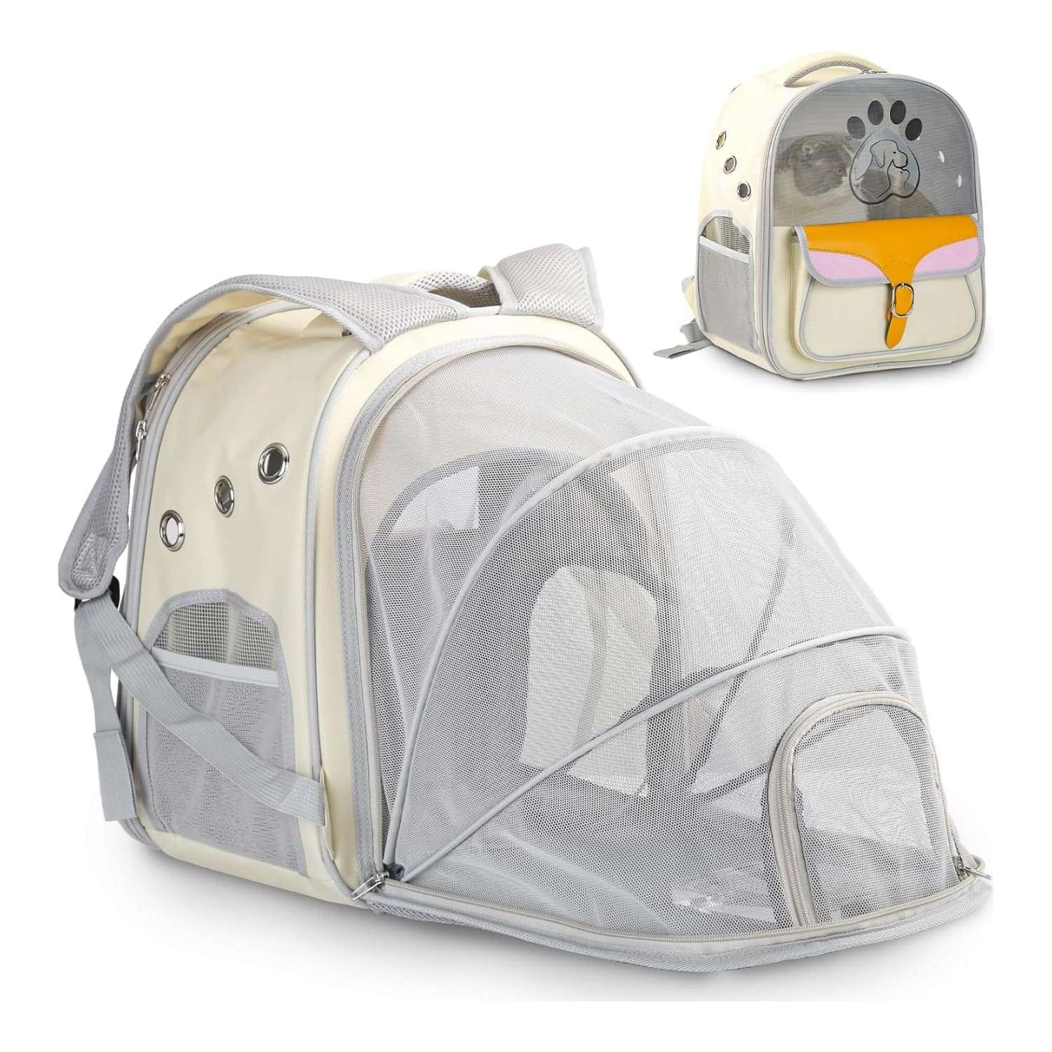 Mochila transportadora expandible con malla de alta densidad y estructura impermeable para mascotas.