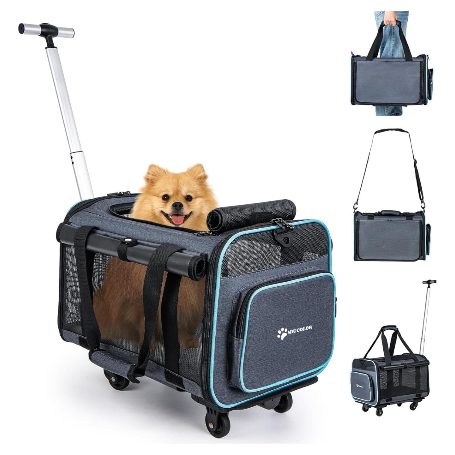 Transportador de viaje para mascotas con ruedas giratorias malla transpirable y asa retractil.