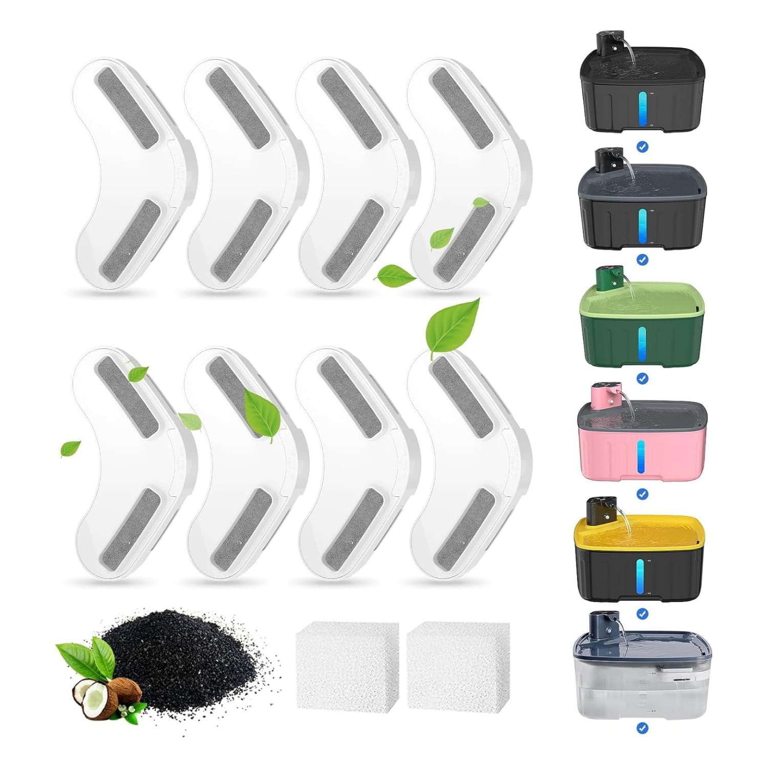 Pack de filtros de carbón activado y esponjas de repuesto para fuente de agua grande.