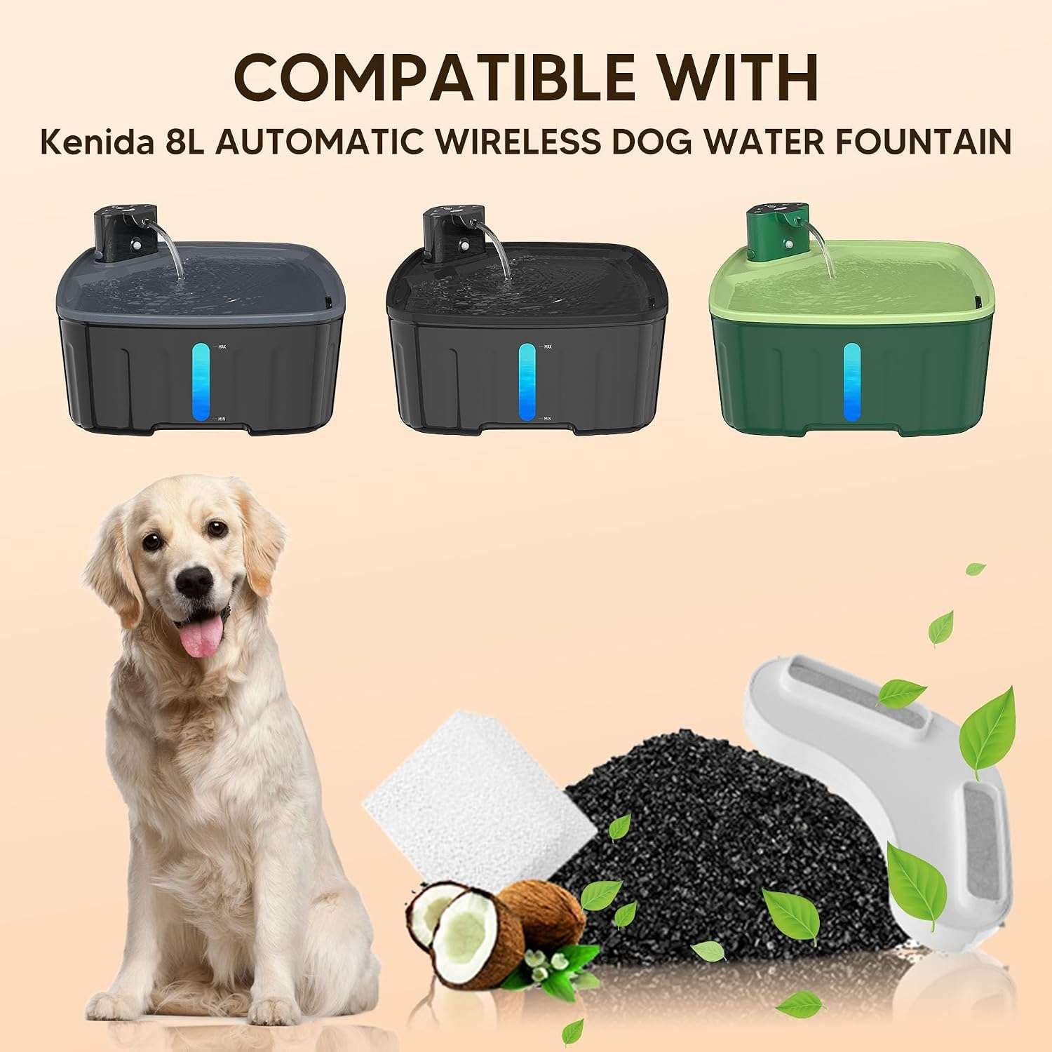 Pack de filtros de carbón activado y esponjas de repuesto para fuente de agua grande.