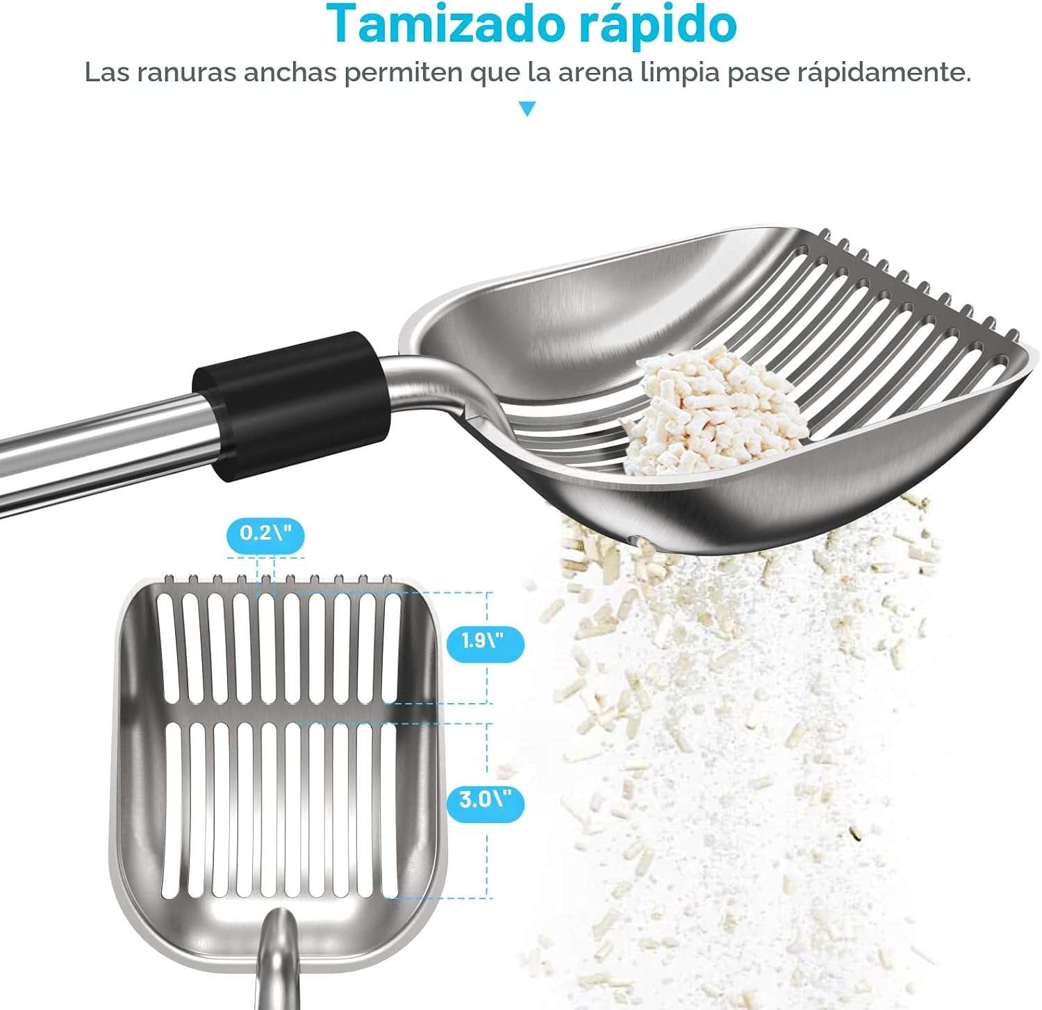 pala metálica para arena de gatos con mango largo ajustable de acero inoxidable y empuñadura acolchada