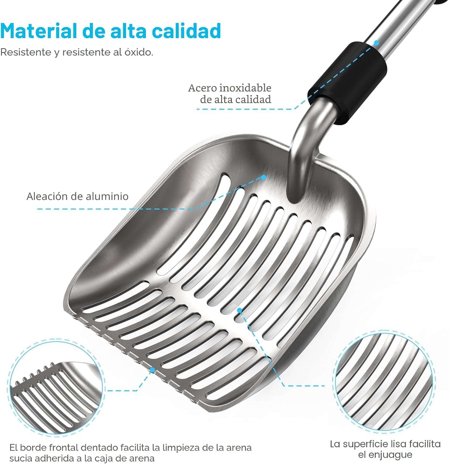 pala metálica para arena de gatos con mango largo ajustable de acero inoxidable y empuñadura acolchada