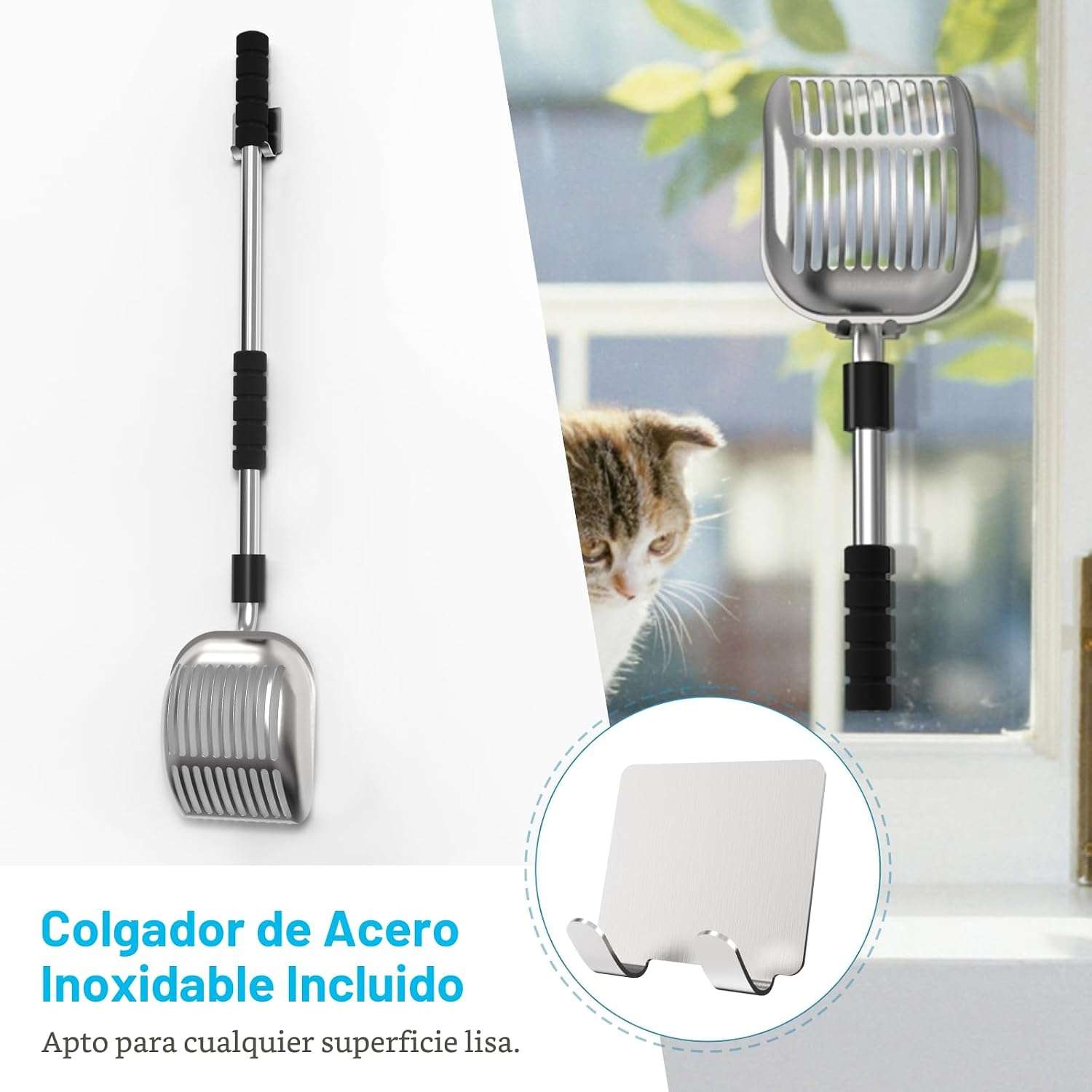 pala metálica para arena de gatos con mango largo ajustable de acero inoxidable y empuñadura acolchada