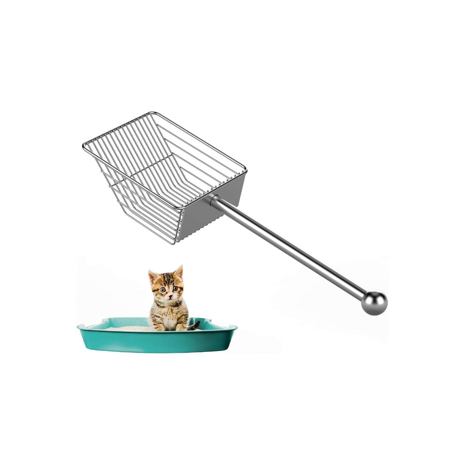 Pala de metal para arena de gatos de acero inoxidable con mango largo