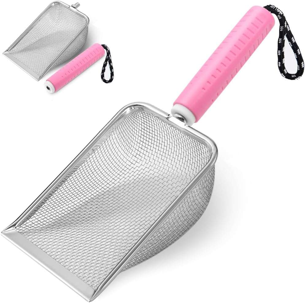 pala de malla de acero inoxidable para arena de gatos con mango desmontable y diseño resistente